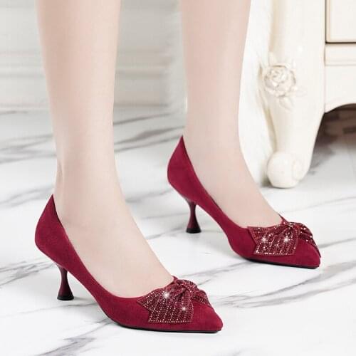 Spike High Heels Ladies Shoes Pumps 2020 New Women Shoes Woman Pointed Toe Crystal Bow Knot Buckle Slip on Shallow Wedding Shoes