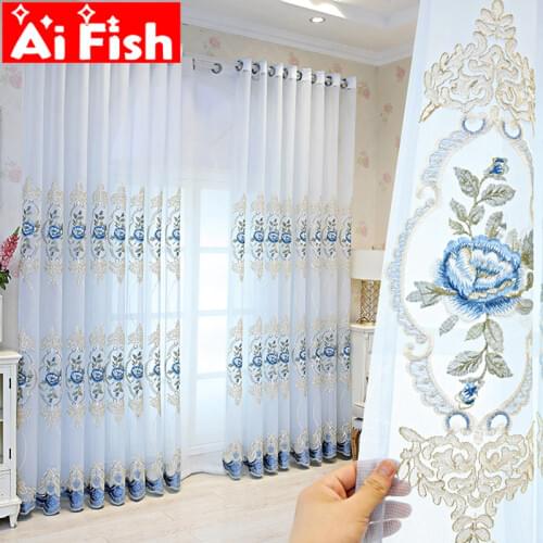 Blue Peony Embroidered Window Screening Tulle Curtain for Living Room European Restaurant kichen deacoration Sheer Panel MY541#3