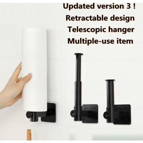 2 Pcs Kitchen Paper Roll Holders Towel Hooks Telescopic Tissue Hanger Self-Adhesive Pot Cover Storage Rack Toilet Paper Holder