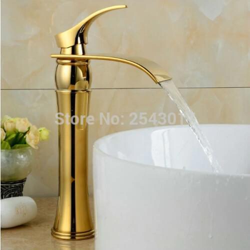 Bathroom Waterfall Faucet Golden Polished Basin Tall Mixer Tap Vanity Water Taps Bathroom Faucets Deck Mount ZR460