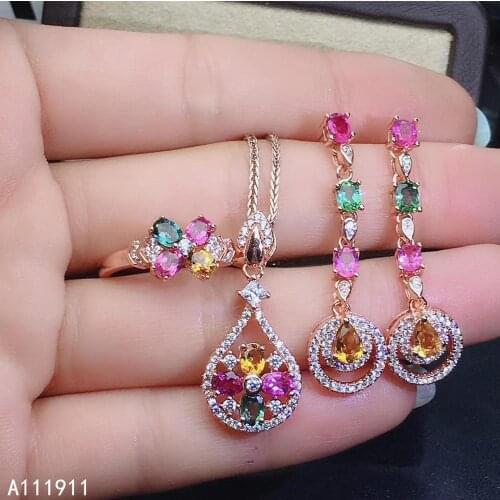 KJJEAXCMY boutique jewelry 925 sterling silver inlaid Natural Tourmaline Necklace Ring Earring Suit Support Detection fashion