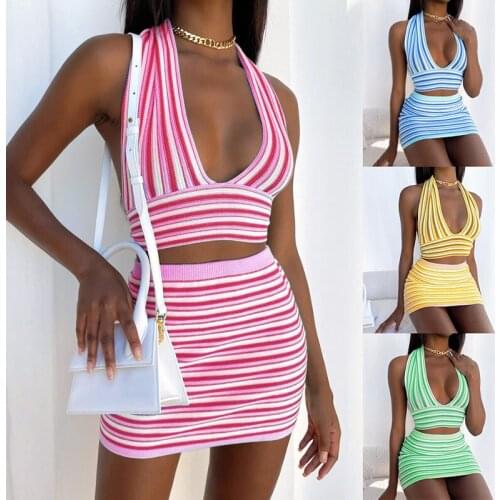 Women Sexy Two-piece Clothes Set Ladies Striped Deep V-Neck Backless Tank Tops and High Waist Short Skirt Pink Blue Yellow Green