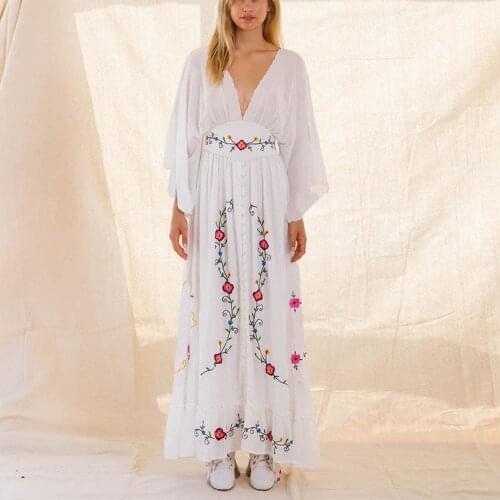 Boho Women Summer Dress 100% Rayon Embroidered White Maxi Dresses Casual Chic Hippie Deep V-neck A-line Slim Long Dress Vestidos
