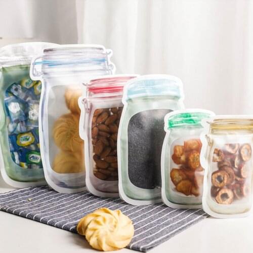 6PCS Mason Bottle Ziplock Bag Portable Sealed Transparent Food Storage Bag For Home Reutilizable Large Snacks Bag For Travel