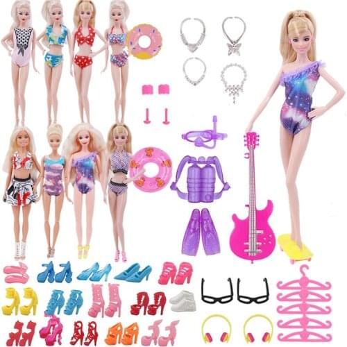 40Pcs Barbies Accessories=2Swim Rings+2Headset+1Guitar+2Roller Skate+2Glasses+2Bracelets+2Earrings+10Shoes+5Swimsuits+5Hangers