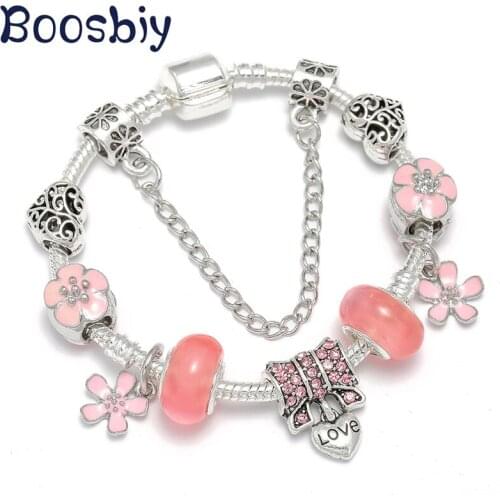 Boosbiy High Quality Pink Flower Charm Bracelets For Women Fits Brand Bracelets & Bangles DIY Fashion Glass Beads Jewelry