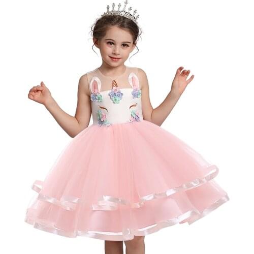 Unicorn Cosplay Cartoon Girl Dress Party Flower Lace Cake Tutu Formal Ball Gown Princess Dresses Girl Baby Clothing 3-9Years