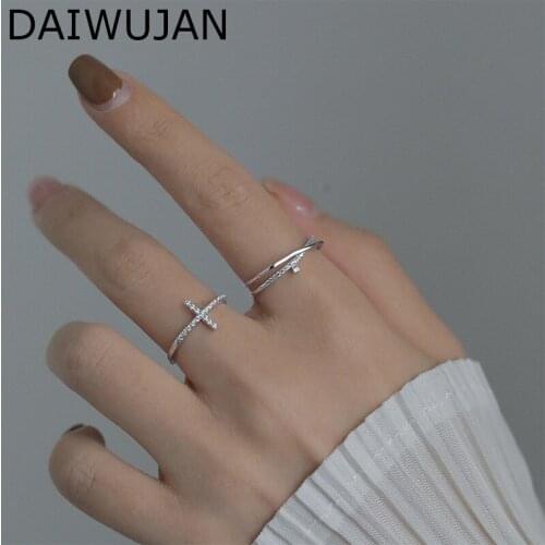 DAIWUJAN Personality 925 Sterling Silver Cross Rings For Women Crystal Geometric Opened Ring Party Bridal Wedding Accessories