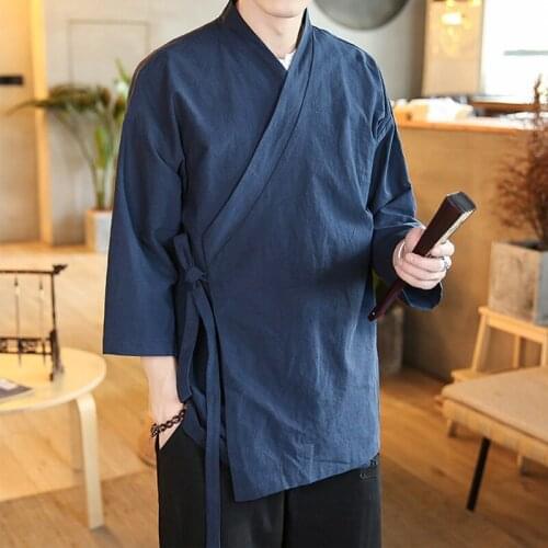 2021 Summer Chinese Style Linen Jacket Hanfu Men Costume Suit Loose Plus Size Cotton Linen Retro Style Tang Suit Robe Male 31179