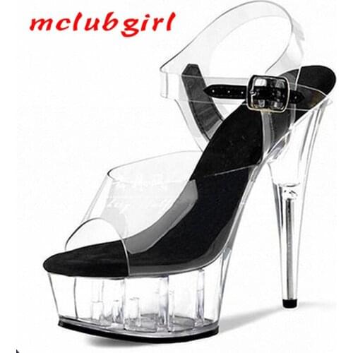 Mclubgirl 15cm Heels Pure Color Sexy Buckle, Transparent Fish Mouth Buckle, Fine Heel and Versatile Night Club Fun Sandals LYP