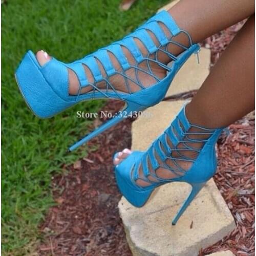 Fashion Blue Cut-out Stiletto Heel Sandals Shoes Women Sexy Cross Strap Hollow Out Platform Dress Sandals Yellow Pink Color Heel
