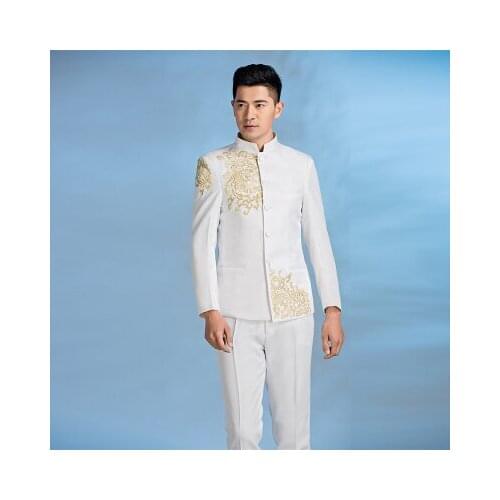 100%real mens black/white golden embroidery mandarin collar performance jacket/party/stage performance/jacket &pants