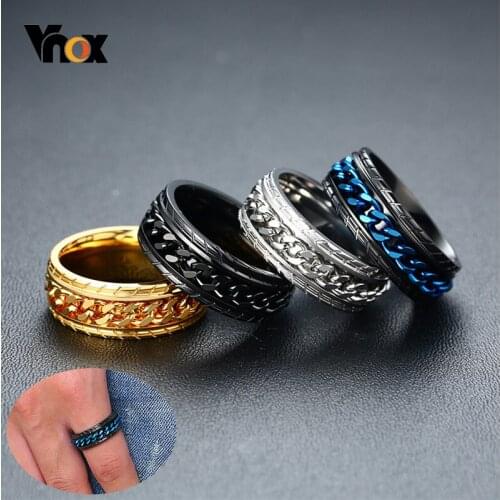 Vnox 8mm Stylish Blue Spinner Chain Rings for Men Tire Texture Stainless Steel Rotatable Links Punk Male Anxiety Release Gifts