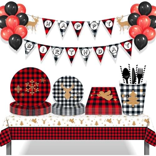 Lattice Lumberjack Deer Christmas Birthday Party Disposable Tableware Sets Paper Plates Cups Xmas Party Favors Decorations