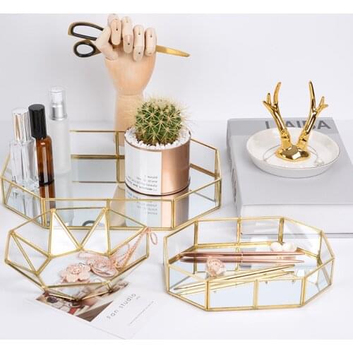 Desktop Storage Decorative Plate Gold Rimmed Glass Storage Tray Nordic Gold Jewelry Plate Home Decoration Place Cosmetics