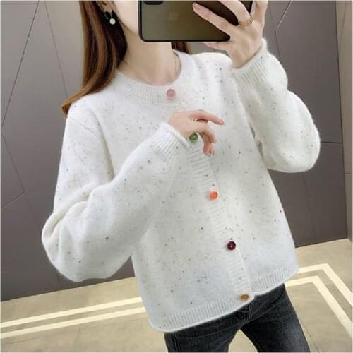 Fancy yarn sweater jacket for women, can be worn outside 2021 autumn and winter, new loose lazy knit cardigan top trend