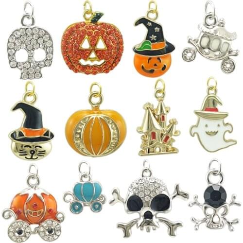 JINGLANG Mixed Enamel Halloween Charms Ghost Pumpkin Elves Castle Alloy Pendant Jewelry Making Accessory Gift 30 PCS