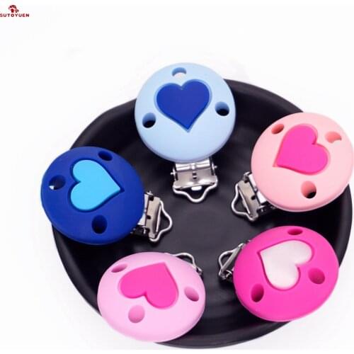 Sutoyuen 10PCS BPA Free Baby Round with Heart Silicone Pacifier Clips Dummy Teether Chain Holder Clips DIY Toy Accessories