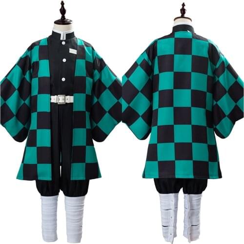 In Stock) Kids Children Anime Demon Slayer Kimetsu no Yaiba Kamado Tanjiro Cosplay Costume Kimono Cloak Full set Halloween