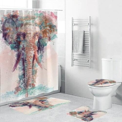 Water Color Elephant Shower Curtain Polyester 4 Piece Bathroom Set Carpet Cover Toilet Cover Bath Mat Pad For Home Decor