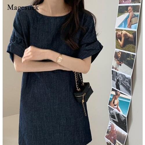 Korea Style Early Autumn 2021 Women Dress Navy Blue O-neck Cotton Denim Dress for Women Vintage Elegant Dress Vestido Robe 15669