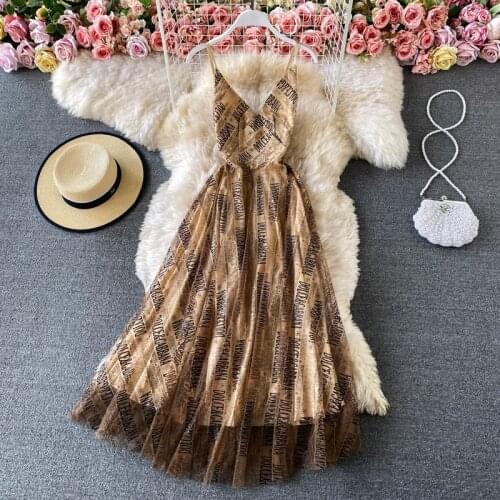 Women Letter Printing Vintage Dress New 2021 Summer Sexy V Neck Patchwork Mesh Dresses Woman A-line Long Robe Party Wear
