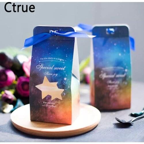 20pcs 6.5*4.7*14CM Starry sky Candy Box with ribbon chocolate gift boxes wedding souvenirs for guests wedding favors and gifts