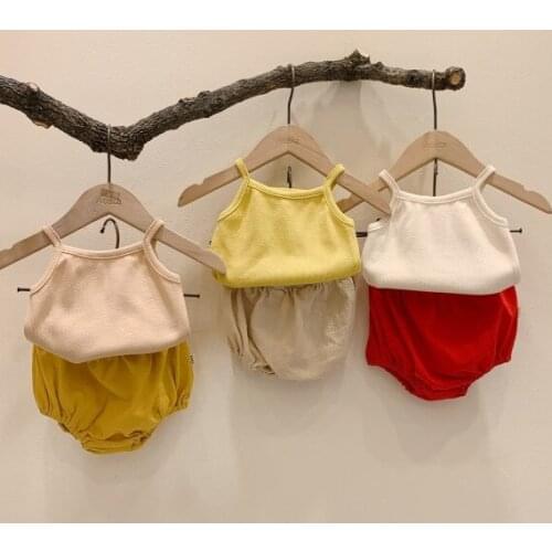 2020 Newborn Baby Girls Boys Sling Tops+Shorts Summer Clothes Cotton Sleeveless Button Jumpsuit Infants Beach Holiday Sunsuit