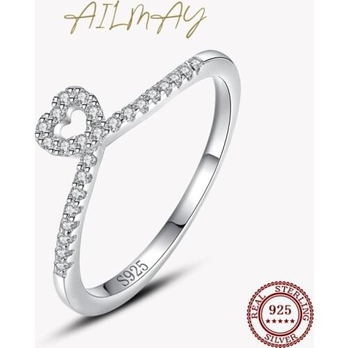 Ailmay Real 925 Sterling Silver Hearts Stackable Finger Rings Simple Fashion For Women Girls Anti-allergy Fine Jewelry Gifts