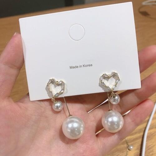 Shiny Side Delicate Jewelry Zirconia Pierced Heart Stud Earrings for Women Elegant Pearl Beads Earrings