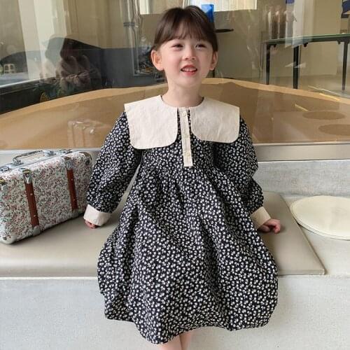 Girls spring autumn floral cotton dress Korean style turn-down collar long sleeve princess dresses