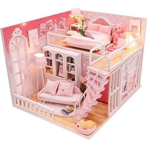 DIY Wooden Dollhouse Pink Loft Roombox Villa Assembled Miniature with Furniture Kits Doll House 3D Casa Toys for Girl Adult Gift