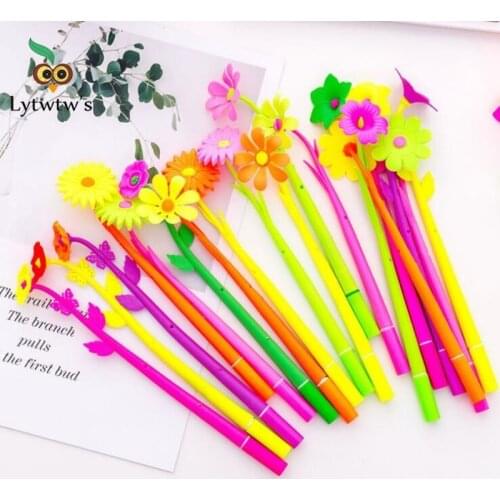 4 Piece Lytwtws Silicone Colorful Creative Cute Flower Gel Pens Stationery Office School Supplies Gift Simulation Handles Rod
