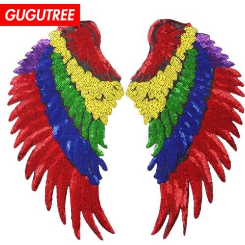 GUGUTREE embroidery Sequins big wing patches feather patches badges applique patches for clothing ZK-4
