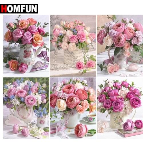 HOMFUN Full Diamond Embroidery "Flower vase pink" Diamond Painting Cross Stitch Patterns Rhinestone Unfinished Home Decor