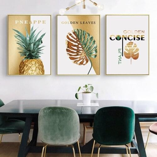 Green and Golden Leaves Pineapple Canvas Painting Nordic Poster and Print Modern Concise Wall Art Picture for Living Room Decor