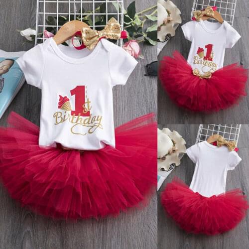 Pudcoco Newborn Baby Girl Clothes My 1st Birthday Short Sleeve Romper Tops Tutu Tulle Ruffle Skirt Headband 3Pcs Outfits Set