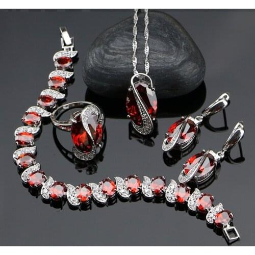 925 Silver Jewelry Red Cubic Zirconia With White Beads Jewelery Sets For Women Bracelet/Earrings/Ring/Pendant/Necklace