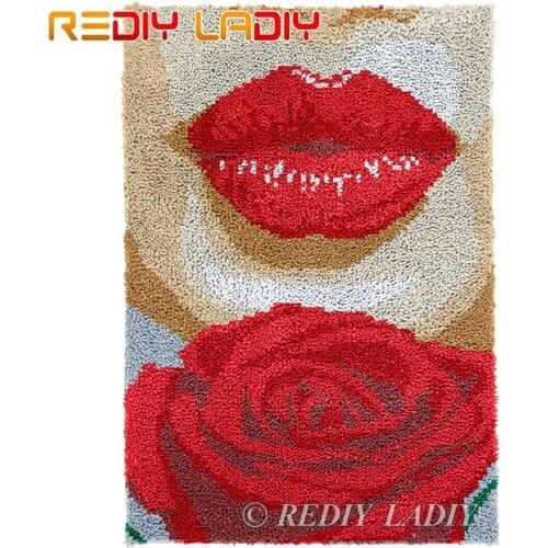 Latch Hook Rug Chunky Yarn Tapestry Kits DIY Carpet Rug Lip with Rose Knitted Floor Mat Crochet Cushion Arts & Crafts 57*86cm