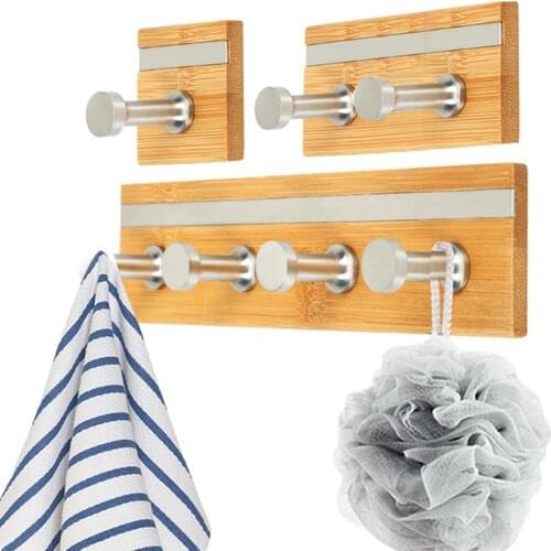 Square Shape Hook Kitchen Towels Utensils Hanging Rack Coat Umbrella Back Door Holder Self-adhesive Bamboo Hook