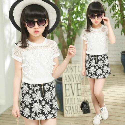 Hot 4-12 Year Baby Girls Fashion Trend T-shirt +Skirt Two-Piece 2019 New Kids Summer Sets Lace Floral Zipper Skirt Suit