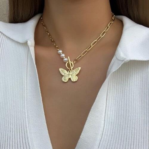 Lifefontier Bohemia Butterfly Pendant Necklace for Women Choker Boho Gold Color Metal Pearl Chain Animal Necklace Jewelry 2021