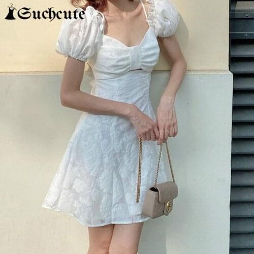 SUCHCUTE Puff Short Sleeve Floral Print y2k Aesthetic Mini Dress Summer Korean Fashion Mini Dresses 2021 Elegent Partywear