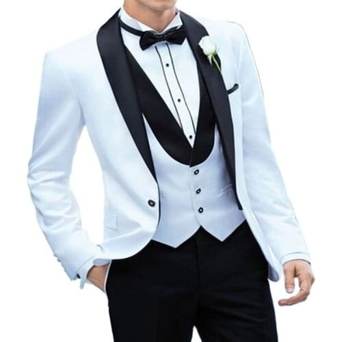 Custom Mens Suits Latest Coat Designs White+black Slim Fit Tuxedo Groom Wedding Suits Custom Prom Blazer (jacket+pants+vest)