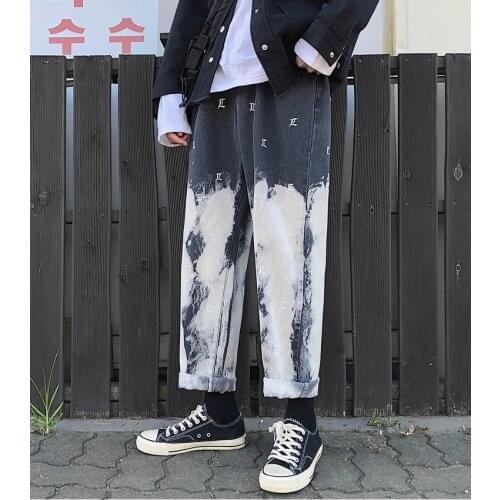 Male Hip Hop Wide Leg Harem Pants Ins Men Korean Gradient Black Jeans Mens 2021 Embroidery Streetwear Baggy Denim Pants