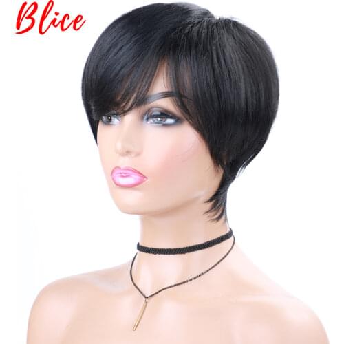 Blice Synthetic Hair 6 Inch Short Natural Wave For Women Heat Resistant 100% Kanekalon Wig Black Daily Party&Cosplay Wigs