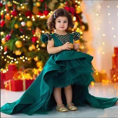 Ruffle Princess Dress for Cute Todder Girl High Low Green Satin Gowns with Big Bow and Cap Sleeves Kids Birthday Party Gowns