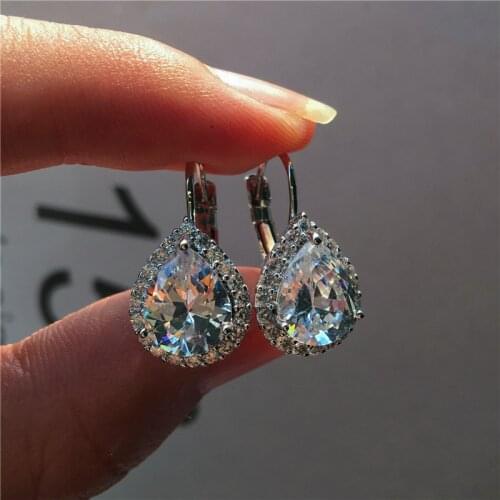 Luxury Female Small Teardrop Earrings Silver Color Clip Earrings For Women Crystal White Blue Red Purple Stone Earrings