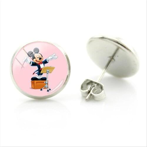 Disney Minnie Mickey Lovers Stud Earrings Pink Background Stud Earrings Cartoon Round Dome Glass Earrings Lovers Stud Earrings