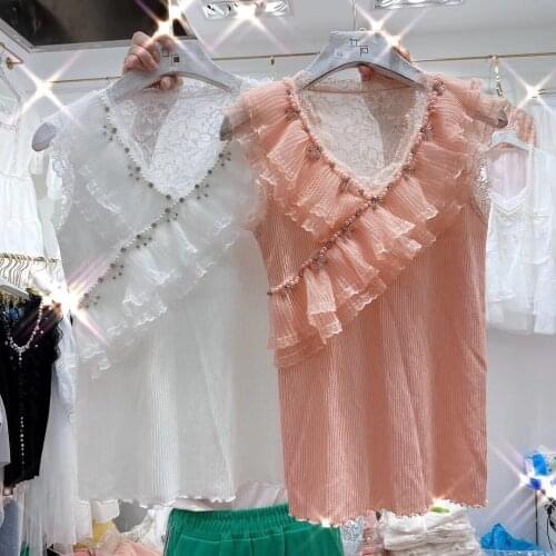 Knitted Tank Top for Women 2020 Summer New Heavy Beaded Ruffled Cross Ice Silk Knitted Slim Camisole Tank Top Ladies Crop Shirt